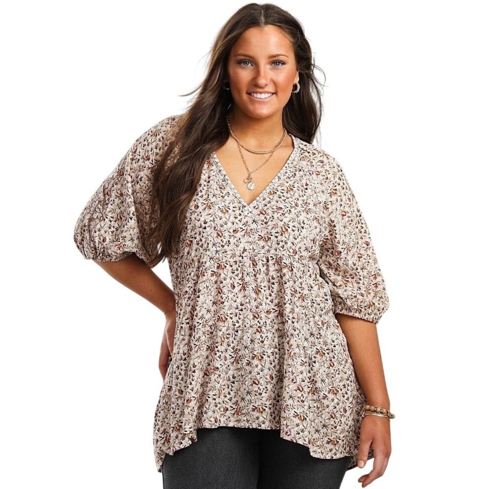 Gimmicks by BKE Floral High Low Tunic Top Tan Purple‎ Boho Lace V-Neck Large